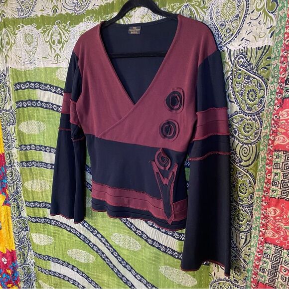 Y2K The Collection Royal Black/ Red Boho Whimsigoth Patchwork Top Size Medium - Picture 8 of 15